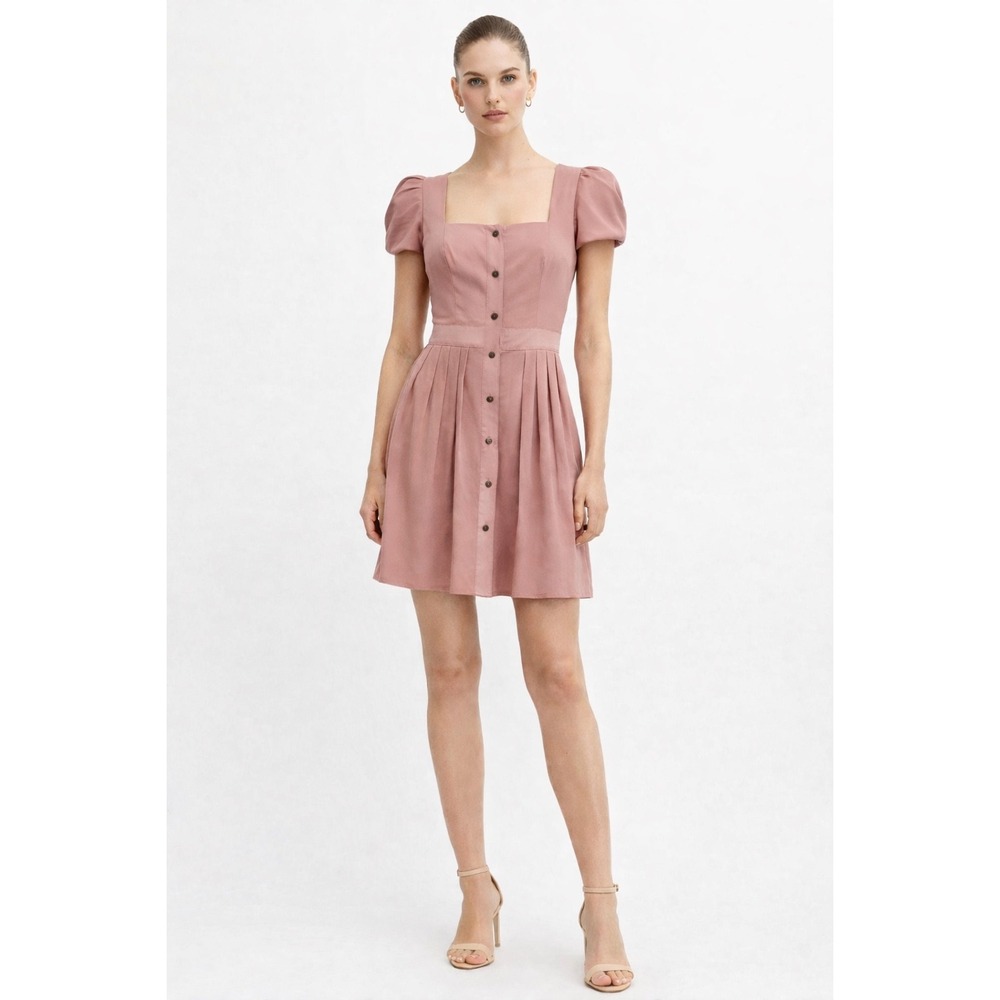 Tibi New York Silk Mini Dress Dusty Rose Pink Puff Sleeve Button Front 2 Twee